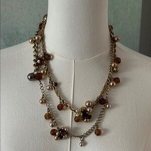 Gold and Brown Bead Pearl and Chain Necklace 42 inches